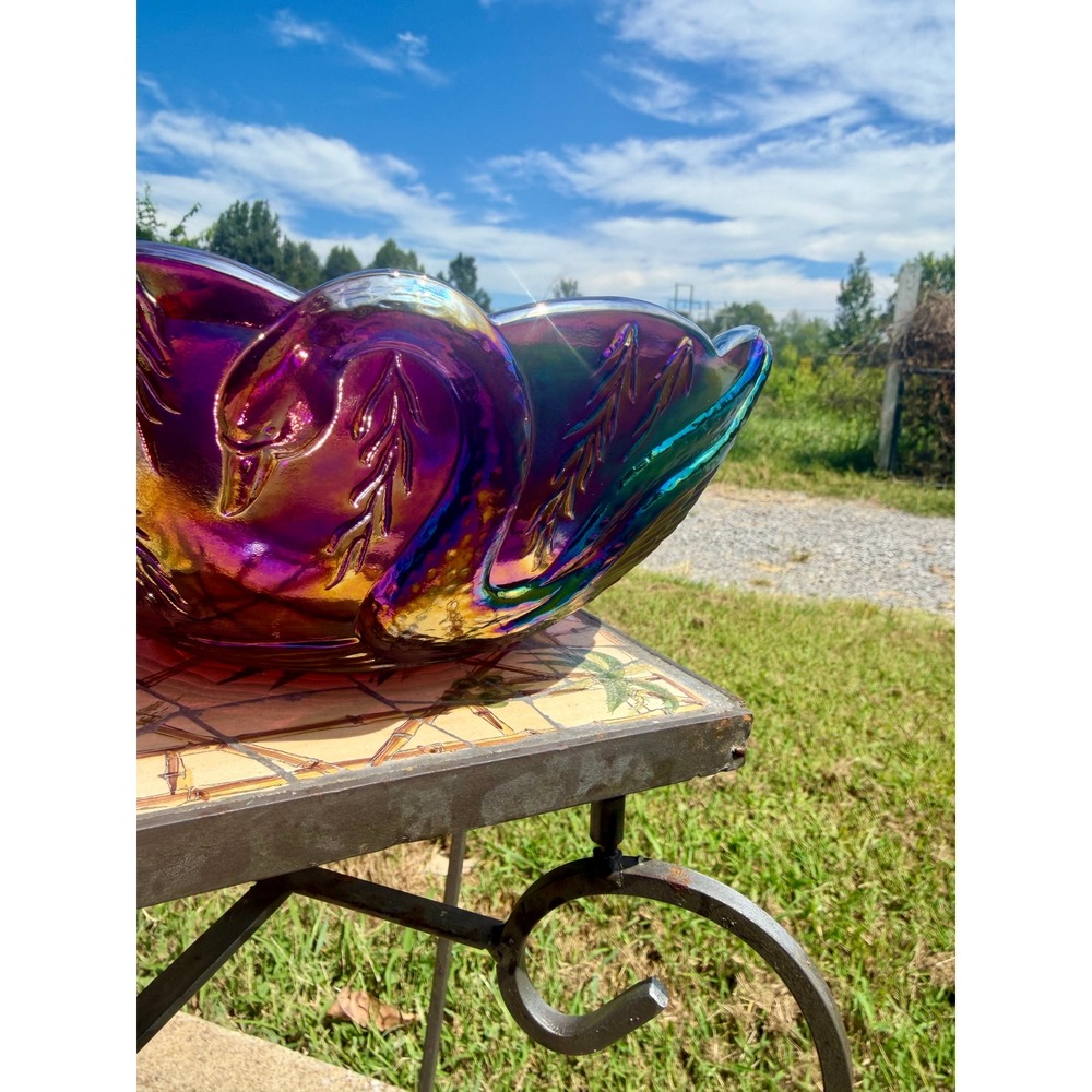 Vintage Iridescent Carnival Glass Swan Bowl Purple Blue Oil Slick Scalloped Rare